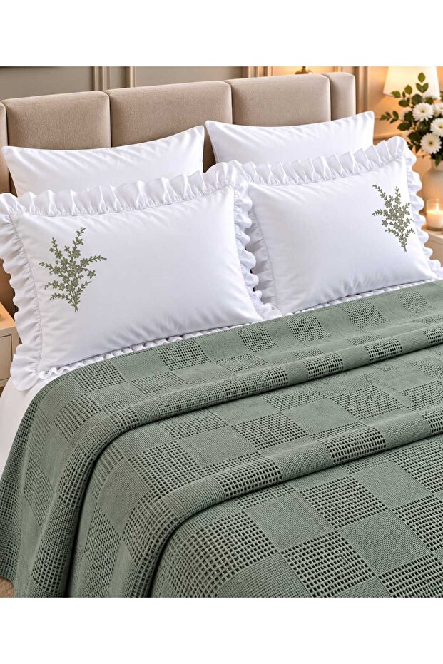 Olive Waffle Textured Embroidered Ruffled 100% Cotton 6 Piece Double Green Pique Set