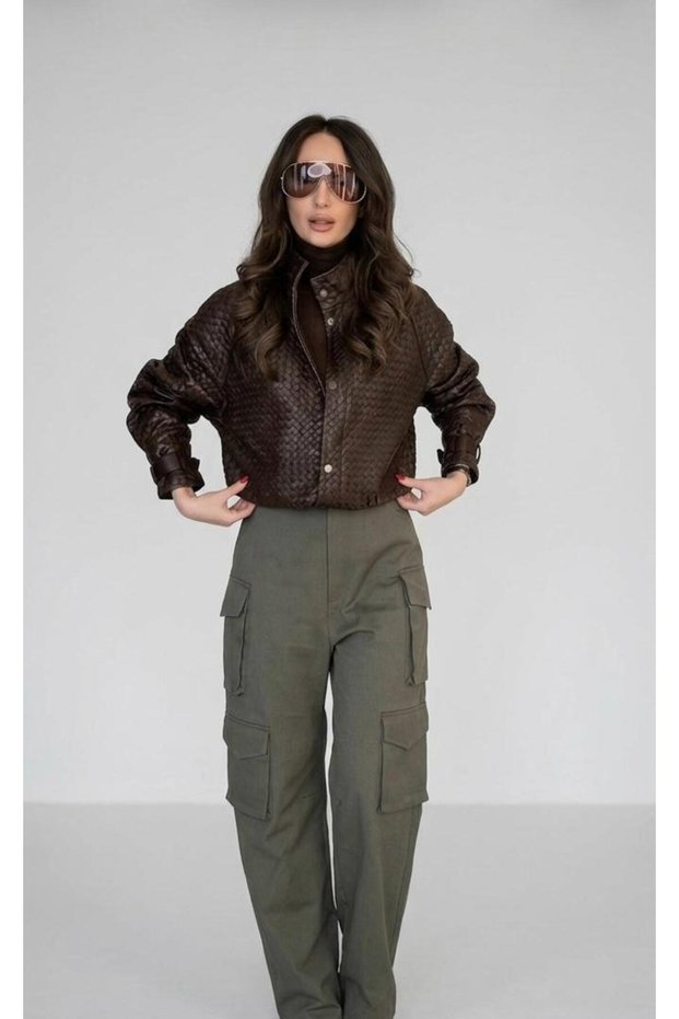 Geaca piele BT, model impletit, BROWN