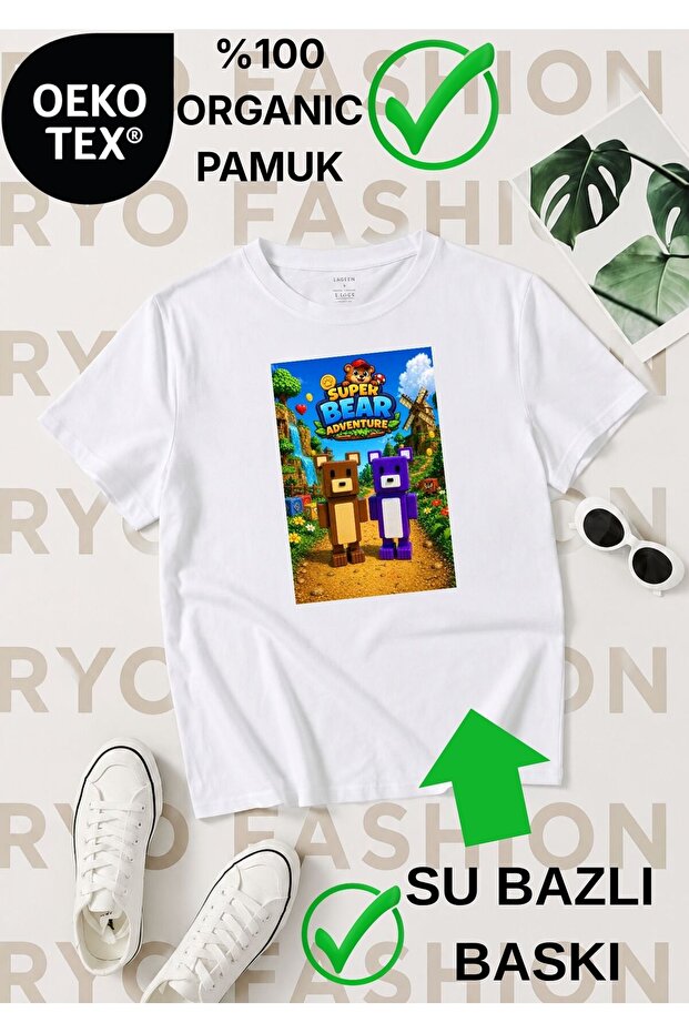 Super Bear Game Character Pattern Printed 100% Organic Cotton White Tshirt T-Shirt