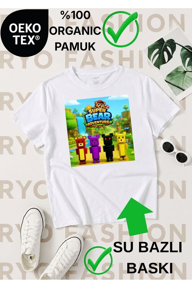 Super Bear Game Character Pattern Printed 100% Organic Cotton White Tshirt T-Shirt
