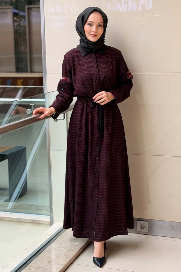 Fuat Gürşen Sleeves with Floral Beading and Square Patterned Shirt Dress