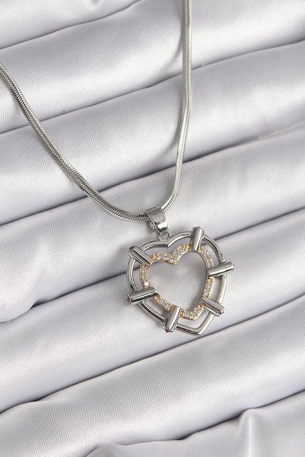 316L Steel Silver Color Italian Chain Mix Color Zircon Stone Detail Heart Model Women's Necklace Tj-Bko9600