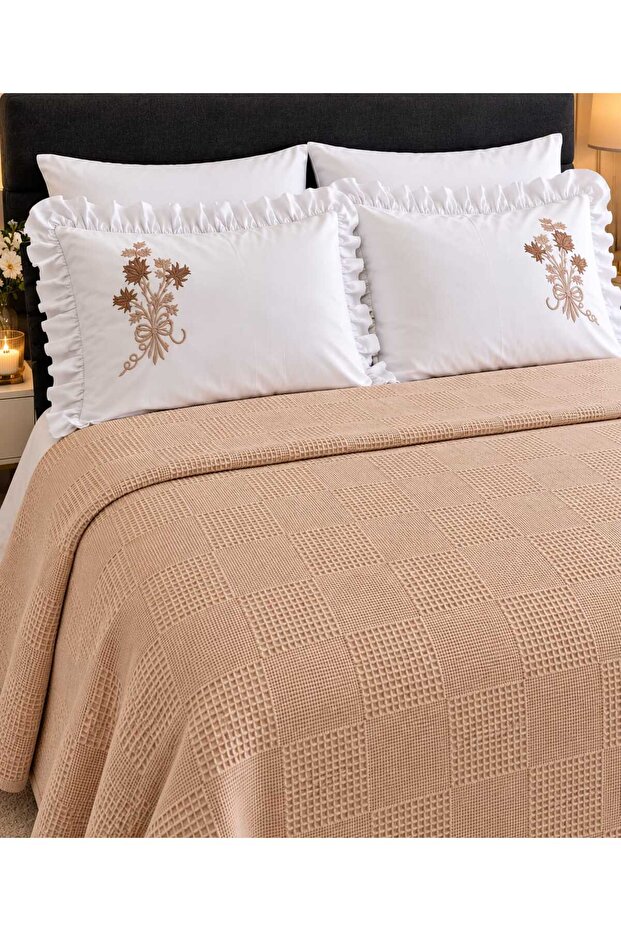 Waffle Textured Embroidered Ruffled 100% Cotton 6 Piece Double Pique Set