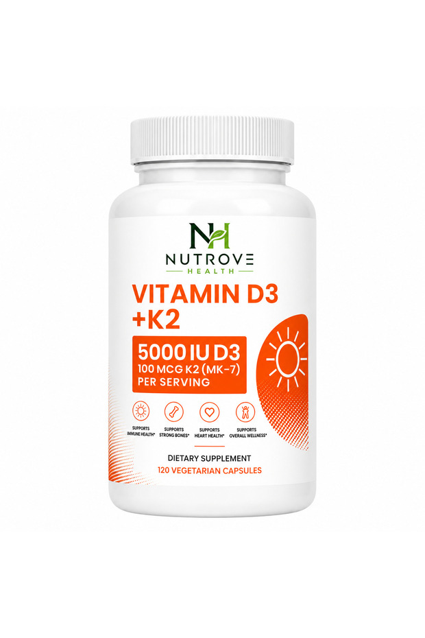 Vitamin D3 5000 IU + K2 MK-7 100 mcg, 120 Vegetarian Capsules