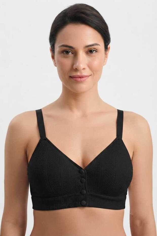 Black Premium Quality Women's Comfortable Bra with Button Detail, No Underwire, Non-Padded, Soft Foam