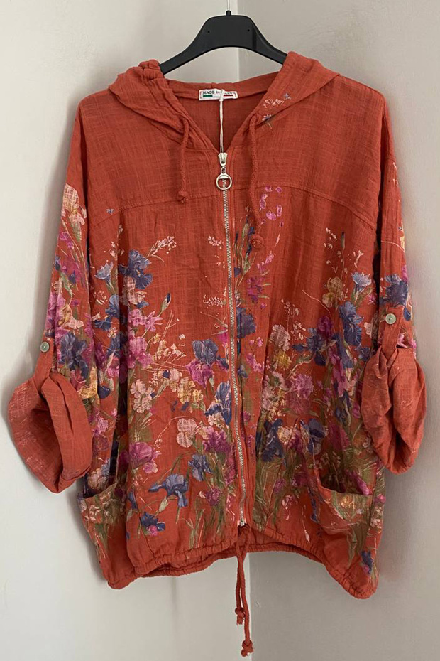 Women's Italian Wildflower Patterned Hooded Zipper Closure 3/4 Sleeve Short Cap Jacket