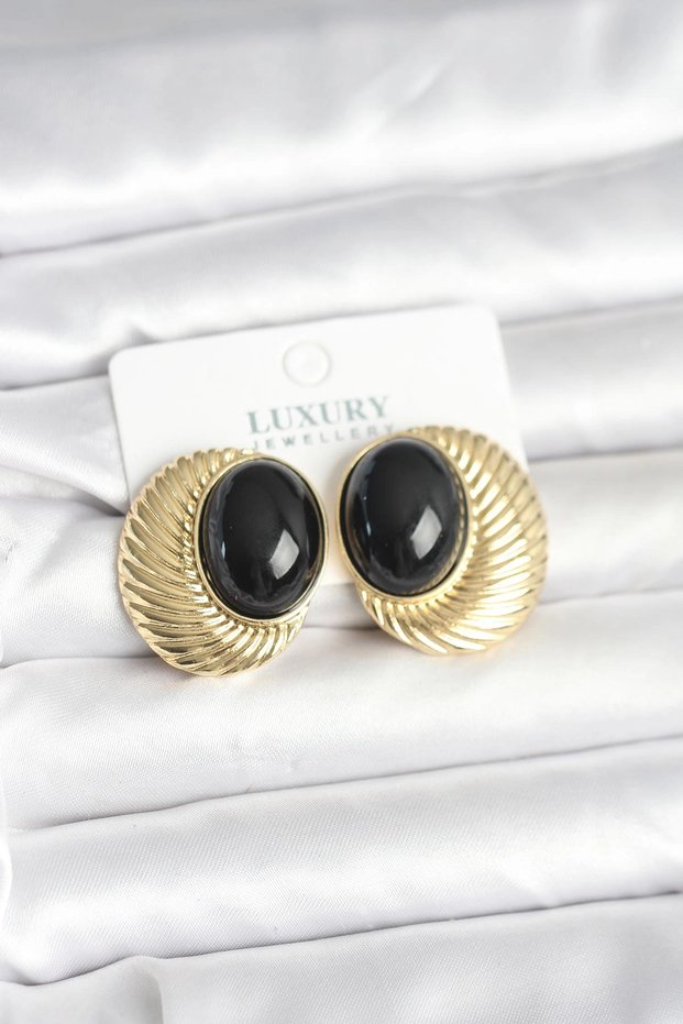 Brass Gold Color Black Beaded Oval Vintage Women's Earrings Tj-Bkp11390