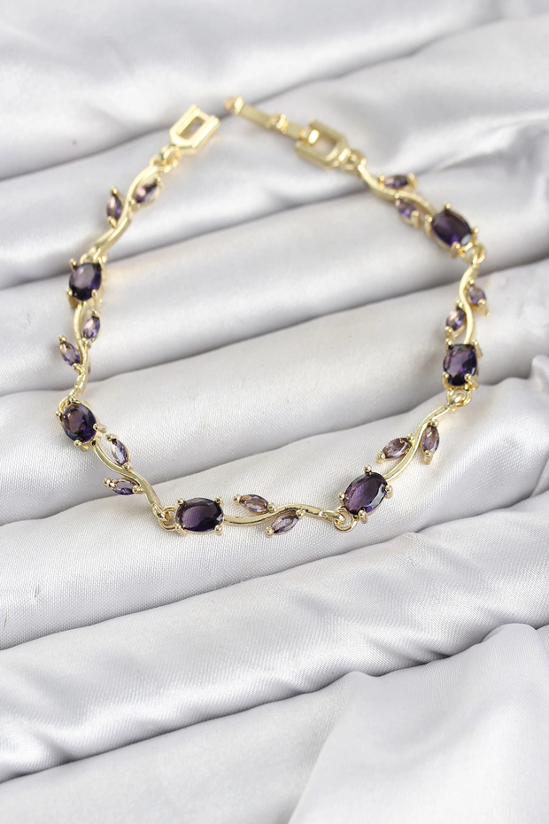 Brass Gold Color Purple Zircon Stone Flower Model Women's Bracelet Tj-Bb8583