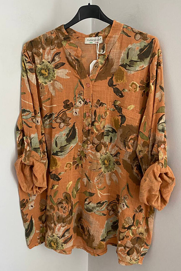 Women's Italian Mixed Rose Patterned Pocketed Folded Sleeve 100% Cotton Shirt Blouse