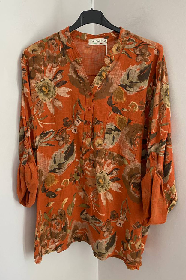 Women's Italian Mixed Rose Patterned Pocketed Folded Sleeve 100% Cotton Shirt Blouse
