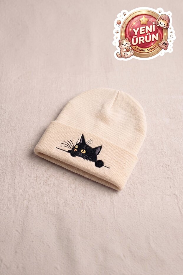Folded Knitted Beanie with Cat Embroidery Detail - Cute Colorful Winter Beanie