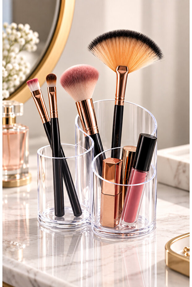 Transparent Makeup Brush Organizer 3 Compartments Cosmetic Organizer Lipstick Pencil Desktop Makeup Material Stand