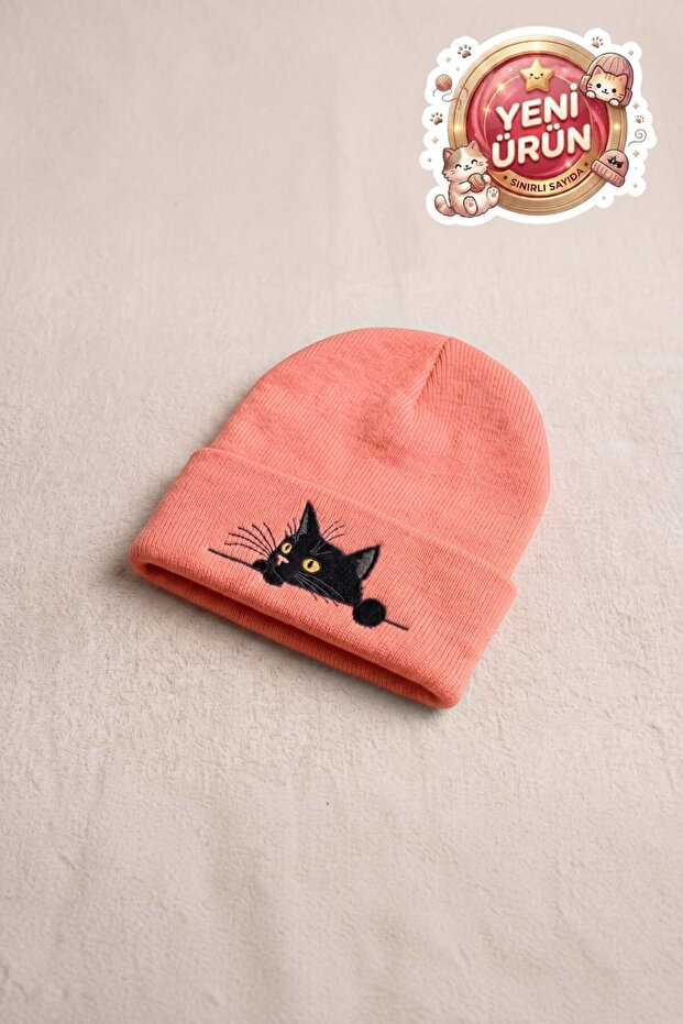 Folded Knitted Beanie with Cat Embroidery Detail - Cute Colorful Winter Beanie
