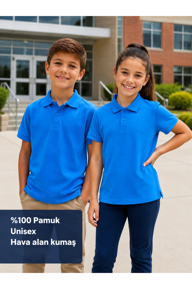 Blue Unisex Children's School Polo T-Shirt 100% Cotton Short Sleeve Breathable Fabric