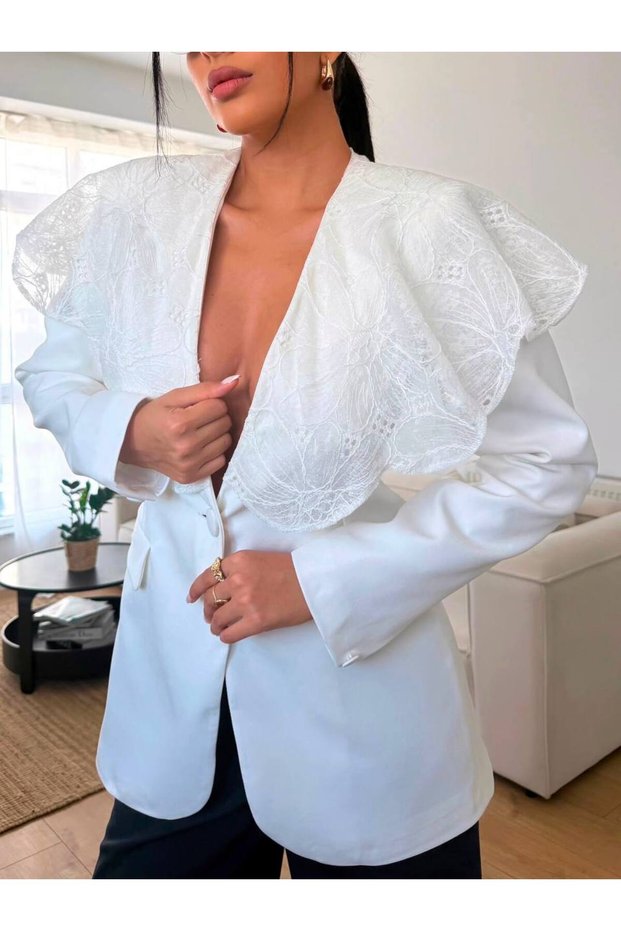 Lace Cape Detailed Ornamental Pocket Design Blazer Jacket