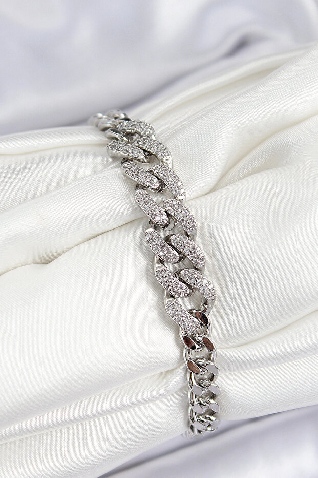Brass Zircon Stone Cuban Chain Model Silver Color Women's Bracelet Tj-Bb7534