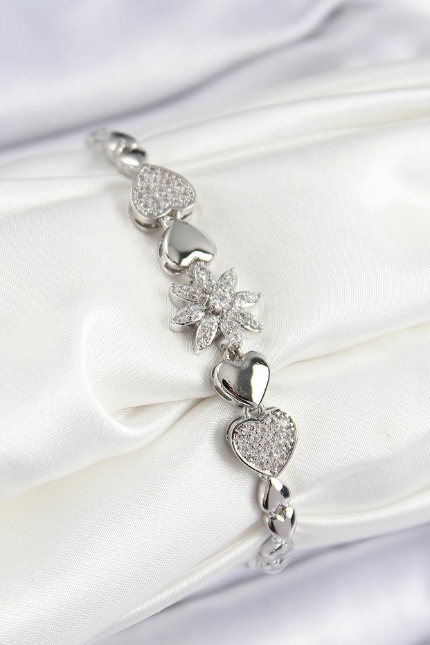 Brass Zircon Stone Heart Detailed Flower Model Silver Color Women's Bracelet Tj-Bb7528