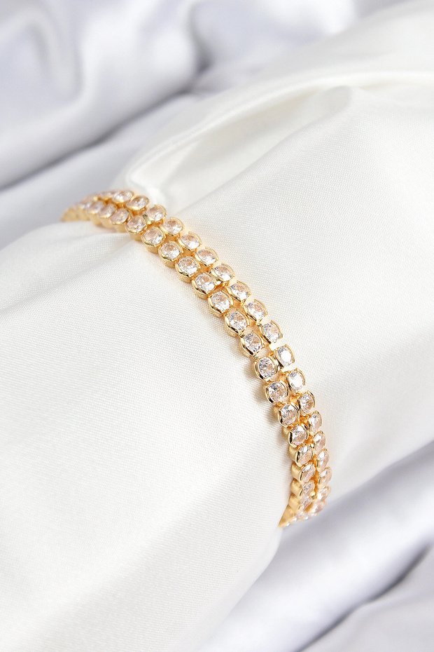Brass Zircon Stone Double Row Model Gold Color Women's Bracelet with Elevator Chain Tj-Bb7739