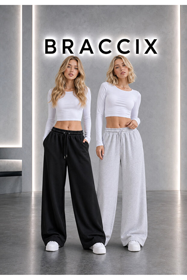 2-Piece Sweatpants (Black + Gray) Adjustable with Wide Legs and Baggy Pockets