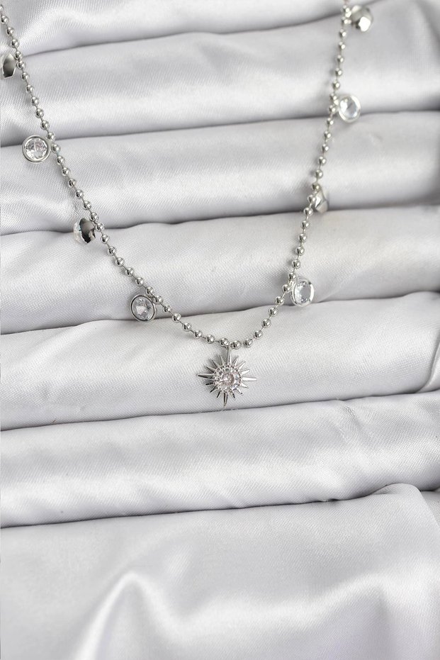 Zircon Stone Pole Star Model Brass Silver Color Women's Necklace Tj-Bko10658