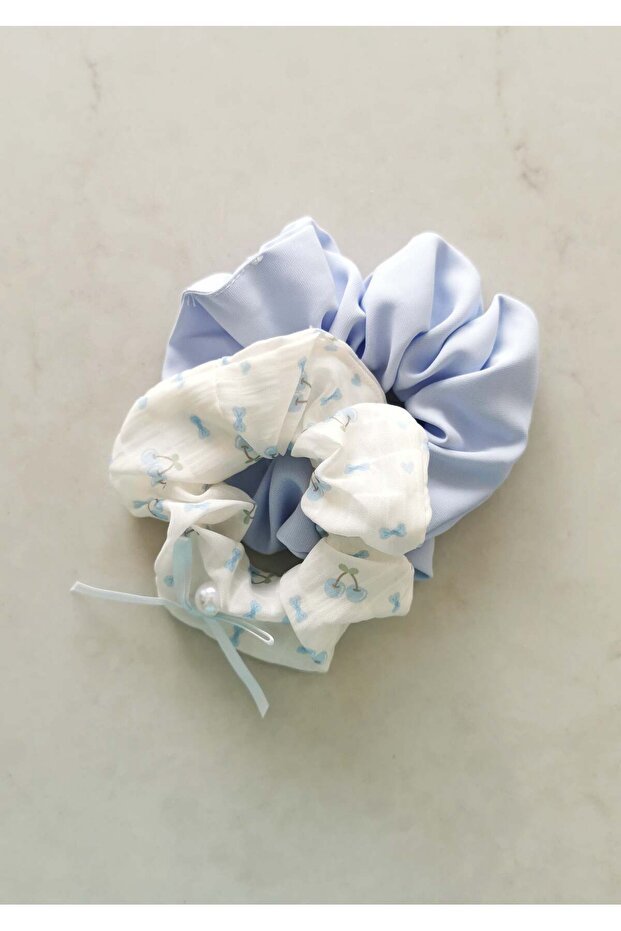 Cherry Patterned Bow Detailed Double Elastic Bagel Buckle Set Blue