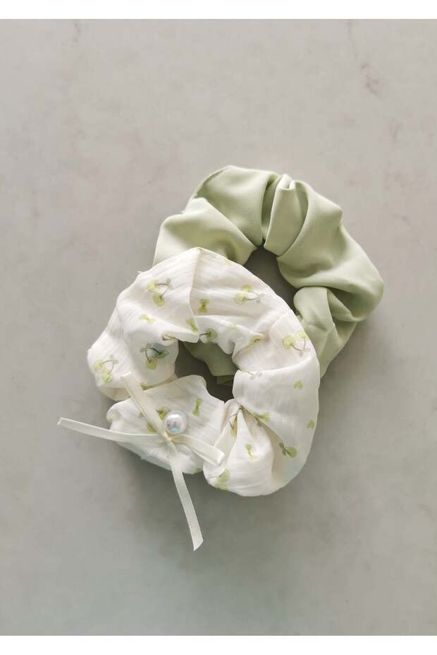 Cherry Patterned Bow Detailed Double Elastic Bagel Buckle Set Green