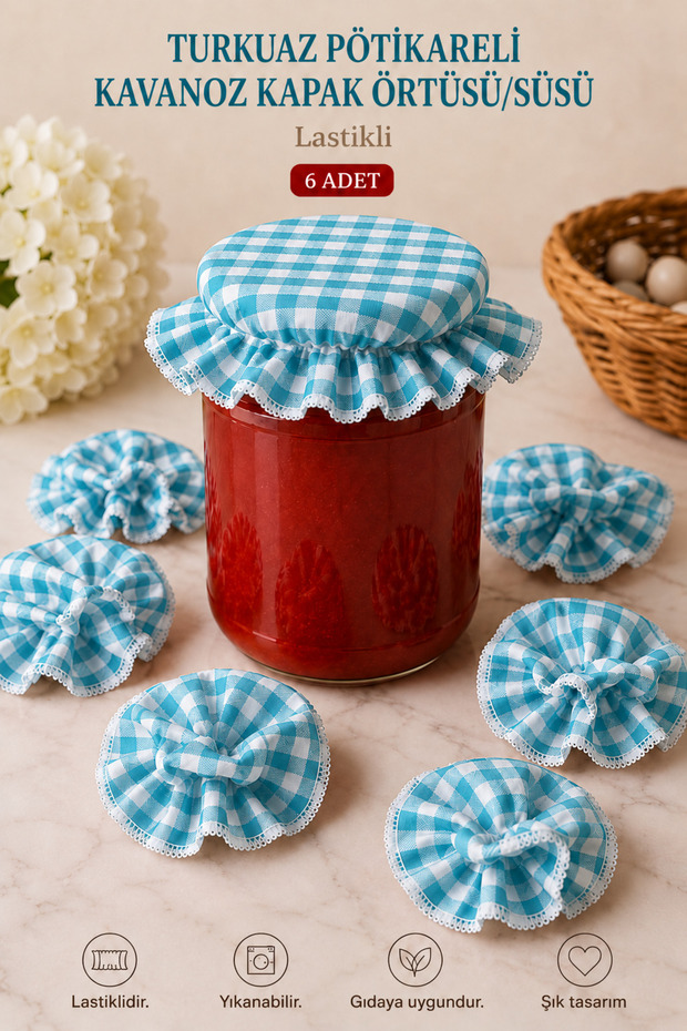 6-Piece Gingham Elastic Jar Lid Cover and Ornament 15X15 cm Jam Pickle Canning Jar Cover