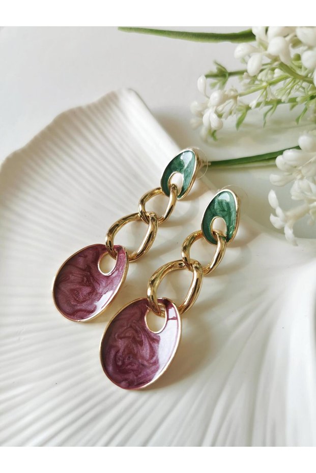 Gold Chain Detailed Pink Green Enamel Dangle Earrings