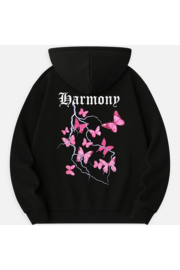 Unisex Oversize 3 Thread Raster Printed Hooded Sweatshirt with Kangaroo Pocket "Butterflies and Harmony Written"