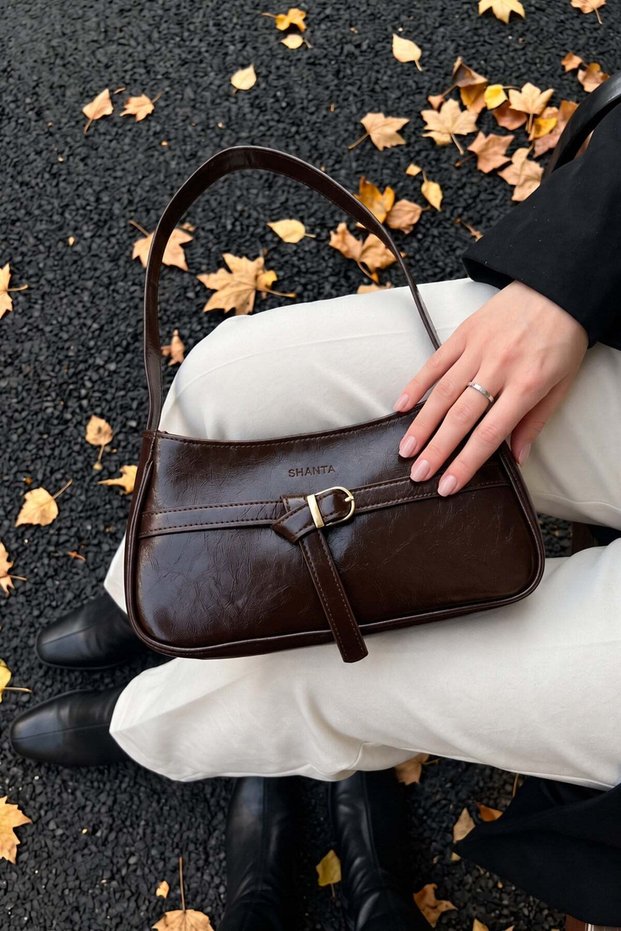 Bitter Brown Crinkled Patent Leather D64 Buckle Detailed Zippered Minimal Design Modern Style Daily Women's Shoulder Bag