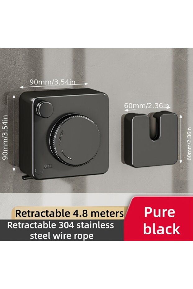 black Indoor and Outdoor Wire Clothesline, Retractable and Hidden Storage, Dual-Purpose Installation