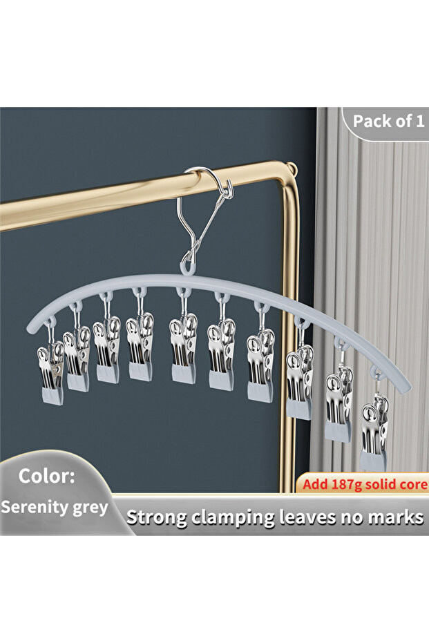 Serenity grey 10 Clips Stainless Steel Sock Clip Pace-Saving Arc Sock Drying Rack Windproof Non-slip