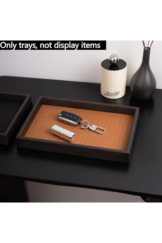 Brown-1pc 1pc Woven Texture Faux Leather Storage Tray,Watch Jewelry Organizer, Decorative Home Displ
