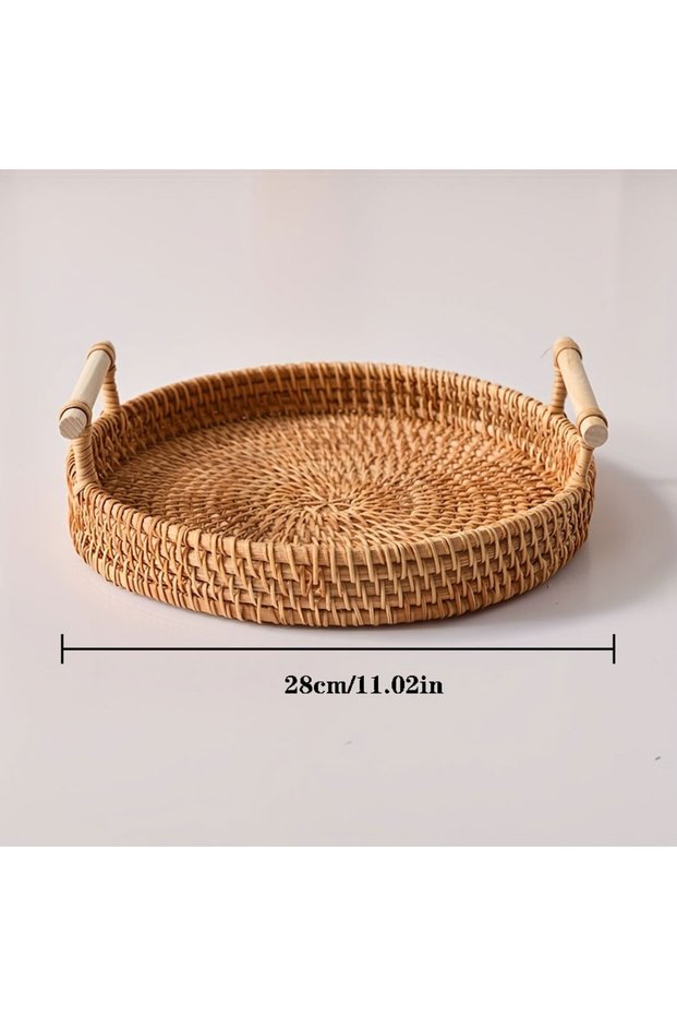 Natural Brown 28cm Handwoven Rattan Tray & Food Storage Basket | Eco-Friendly Kitchen Organizer with