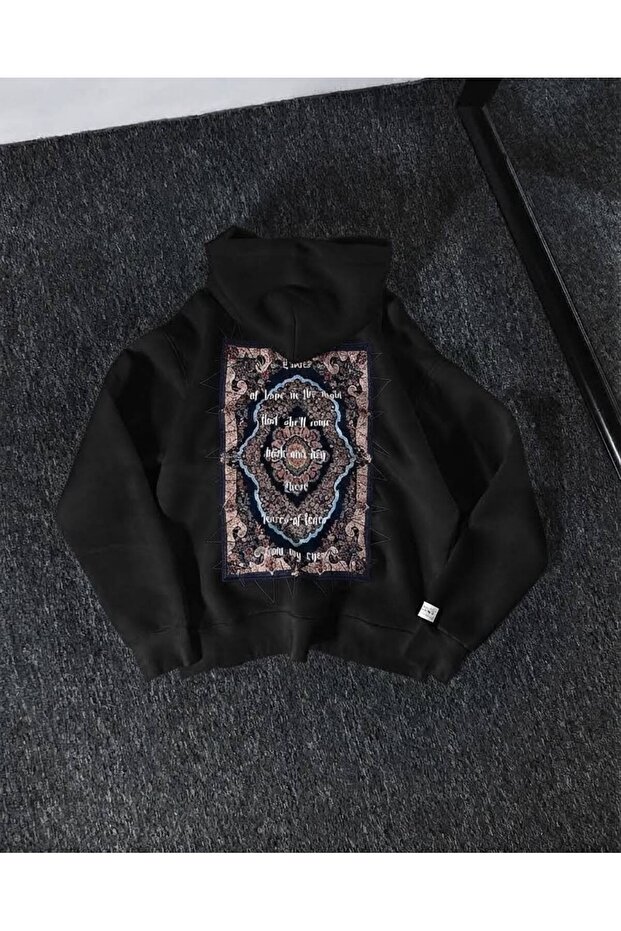 Unisex Oversize 3 Thread Raster Printed Hooded Sweatshirt with Kangaroo Pocket "Hal Yada Kilim Patterned and Framed Text"