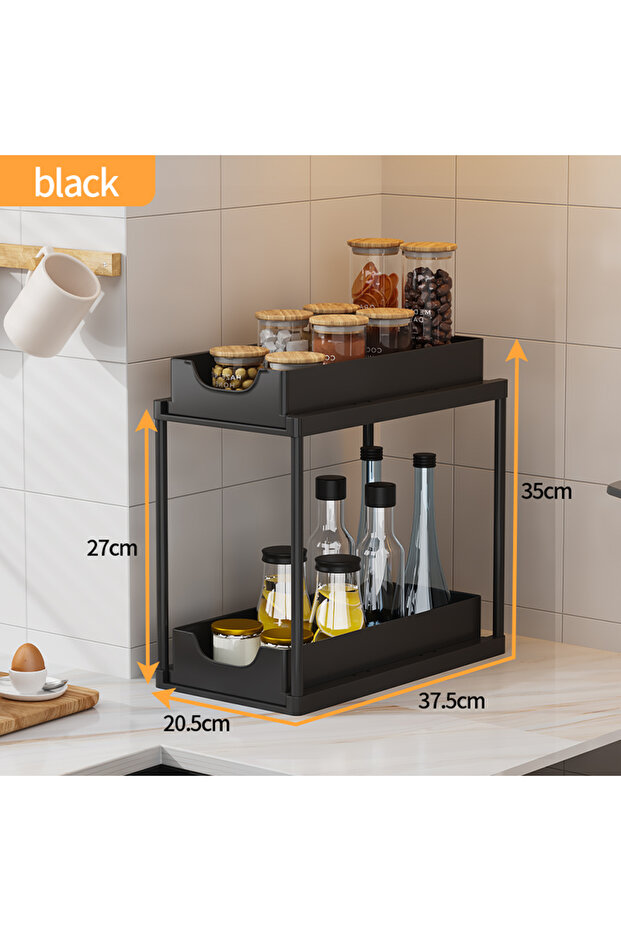 2-tier H-Black New 2 Tier Under Sink Organizer, Pull Out Sliding Rack, Multi-Function Shelf for Kitc