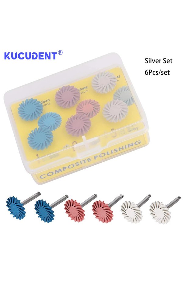 Silver Set 6Pcs/1Pack Dental Composite Resin Polishing Discs Rubber Polisher RA Wheel Spiral Flex Br