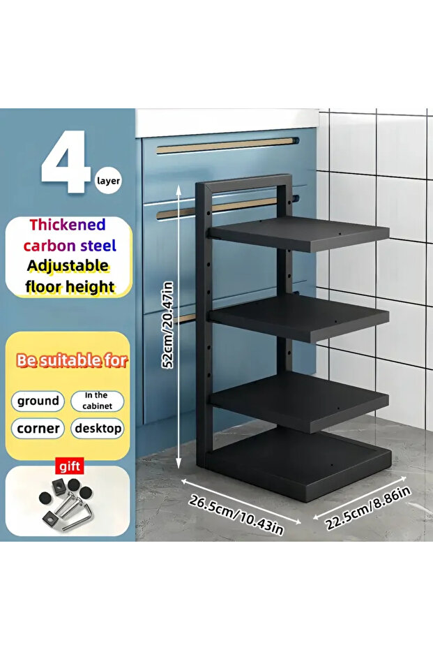 4 Tier Adjustable Pot Rack Organizer, Kitchen Stainless Steel Pot Storage Rack ,Multi-Layer Househol