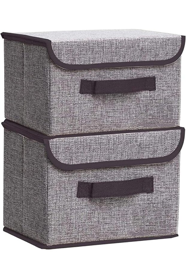 Small Storage Bins, 2Pcs Grey Foldable Fabric Storage Box with Lids, Collapsible Home Storage