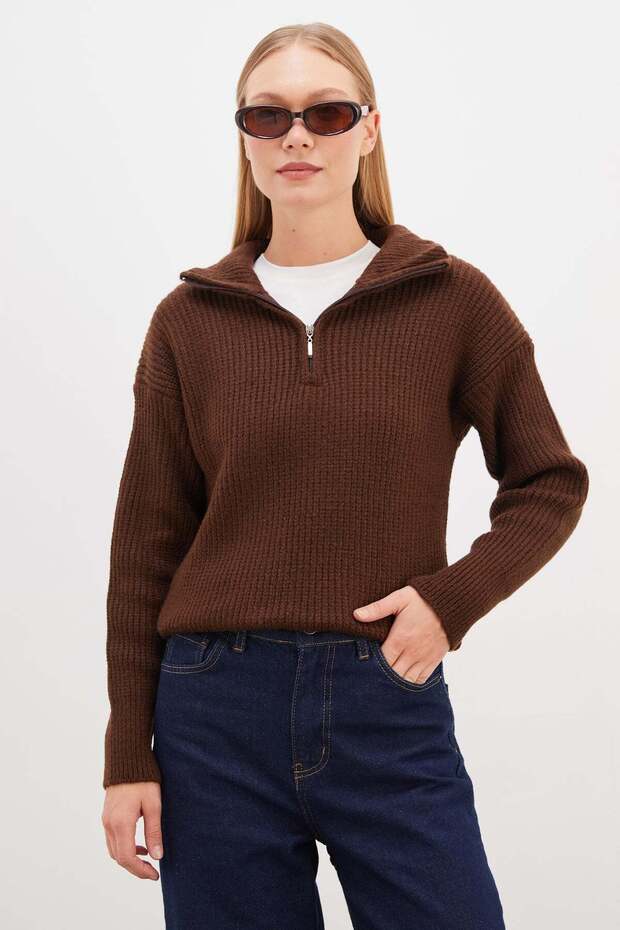 Half-Zip Turtleneck Knit Sweater