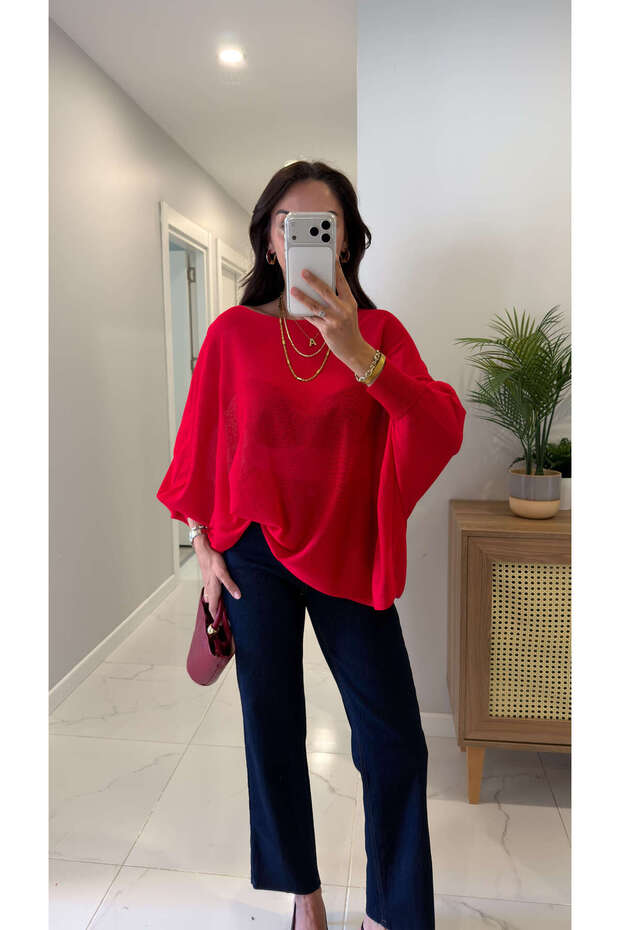 Ridra Red Rubber Sleeve Oversized Cape Knitwear