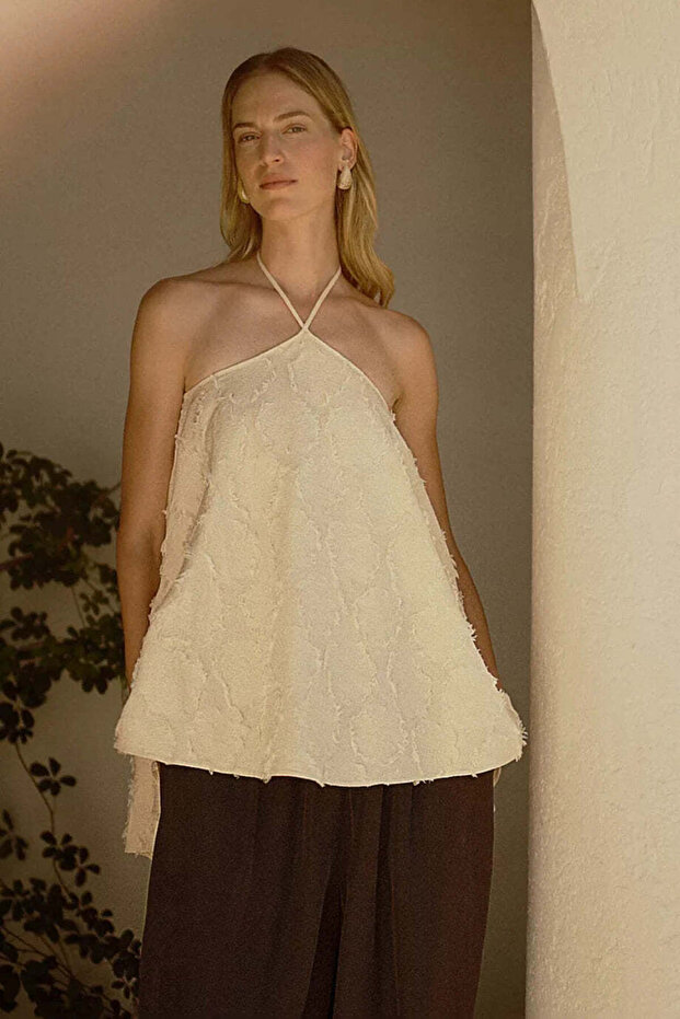 Jacquard Halter Neck Women's Blouse - Cream, L
