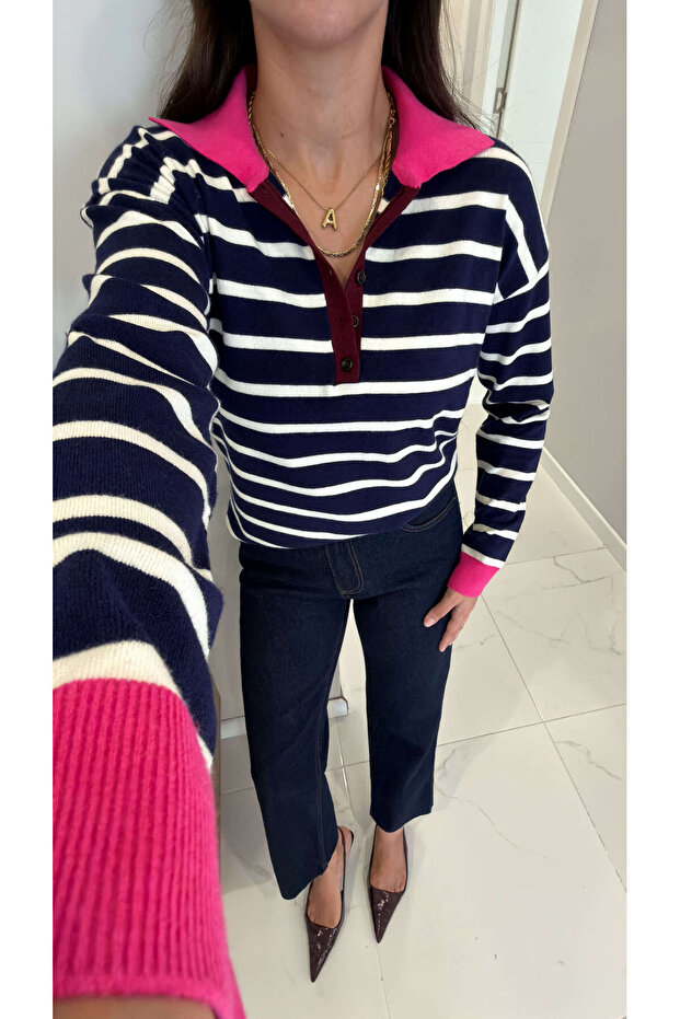 Hanse Navy Blue Striped Polo Collar Knitwear