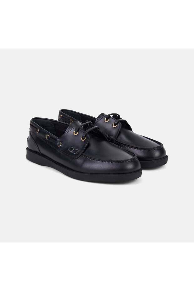 Women's Black Leather Boat Shoes with Lace Detail
