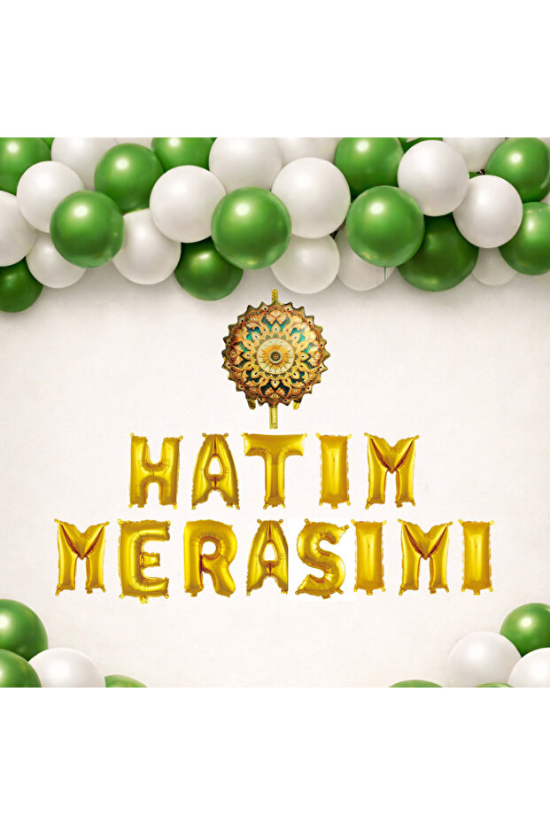 Kuran Hatim Program Themed Hatim Ceremony Gold Foil Letter Green and White Balloon Hatim Ceremony Decoration