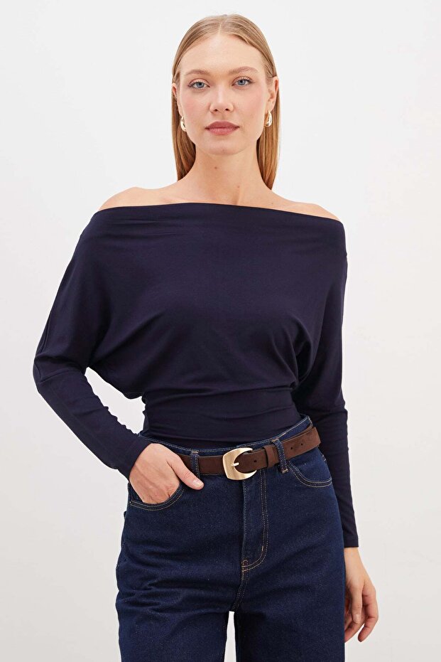 Bat Sleeve Boat Neck Gathered Modal Blouse