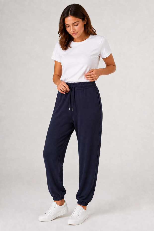 Women's Modal Jogger Sweatpants with Elastic Cuffs, Lace-Up Waist, Double Pockets, Navy Blue Trousers