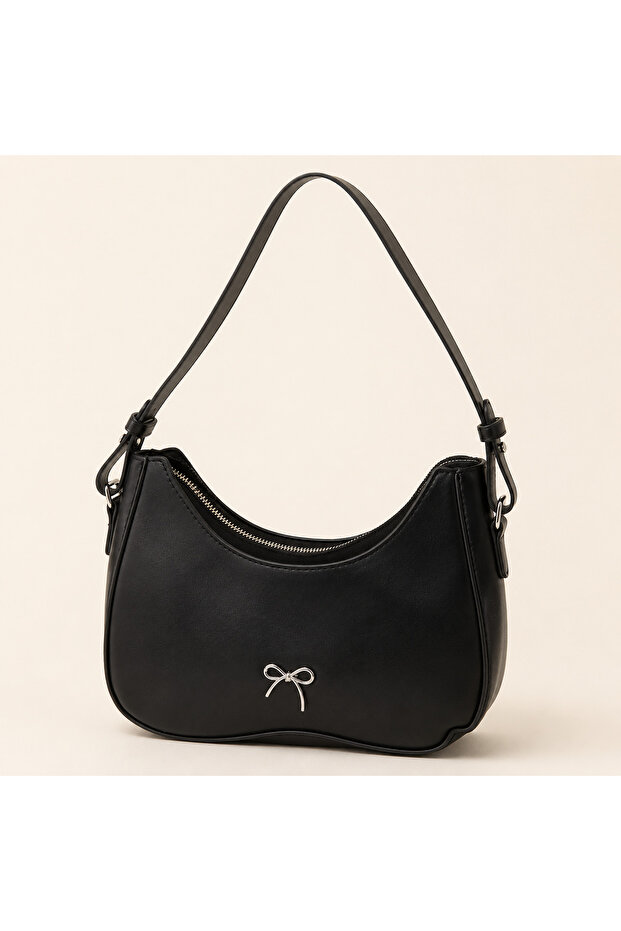 Women's Black PU Leather Shoulder Bag with Silver Bow Detail