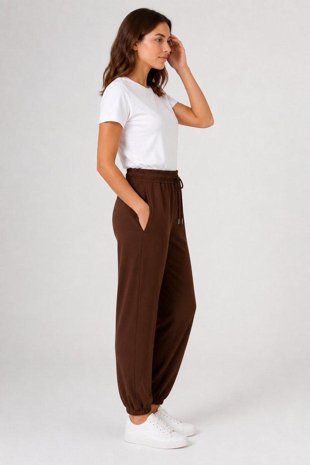 Women's Modal Jogger Sweatpants with Elastic Cuffs, Lace-Up Waist, Double Pockets, Brown Trousers