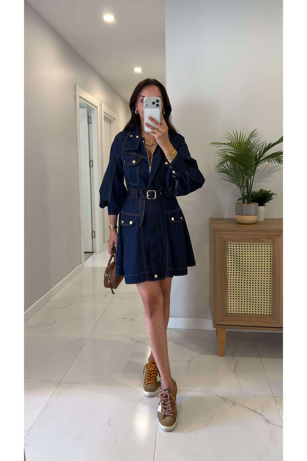 Lerta Navy Blue Gold Buttoned Belted Dress